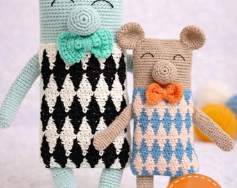 Amigurumi Teddy Bear Crochet Pattern PDF, Diamond Sweater Doll Toy (PDF Download)