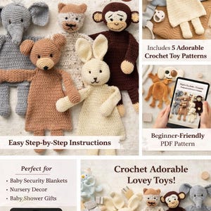 May include: An image promoting a crochet pattern bundle for flat animal toys. The image features finished crochet animals, including a bear, bunny, monkey, and elephant. Text includes "Flat Animal Crochet Pattern Bundle" and "Easy Step-by-Step Instructions". The pattern is a PDF.