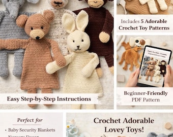 Crochet Pattern Bundle | Flat Animal Security Blanket | Bear Bunny Monkey Elephant Amigurumi PDF