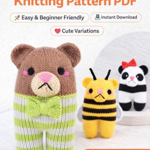 May include: A PDF knitting pattern for an Izzy Teddy Bear, with variations including a bear, bee, and panda. The bear is brown and beige with a green bow tie and striped pants. The bee is yellow and black, and the panda is black and white.