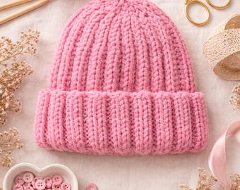 Handmade Pink Wool Ribbed Beanie – Cozy Minimalist Winter Hat Accessory