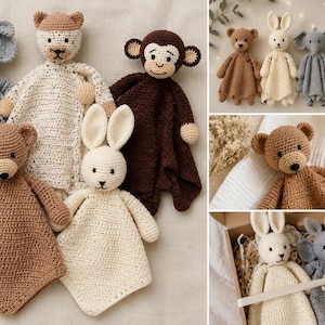 May include: A collection of crochet security blankets featuring various animal heads including an elephant, bear, rabbit, and monkey in shades of brown, cream, and gray. The items are shown individually, in a group, and packaged in a gift box.