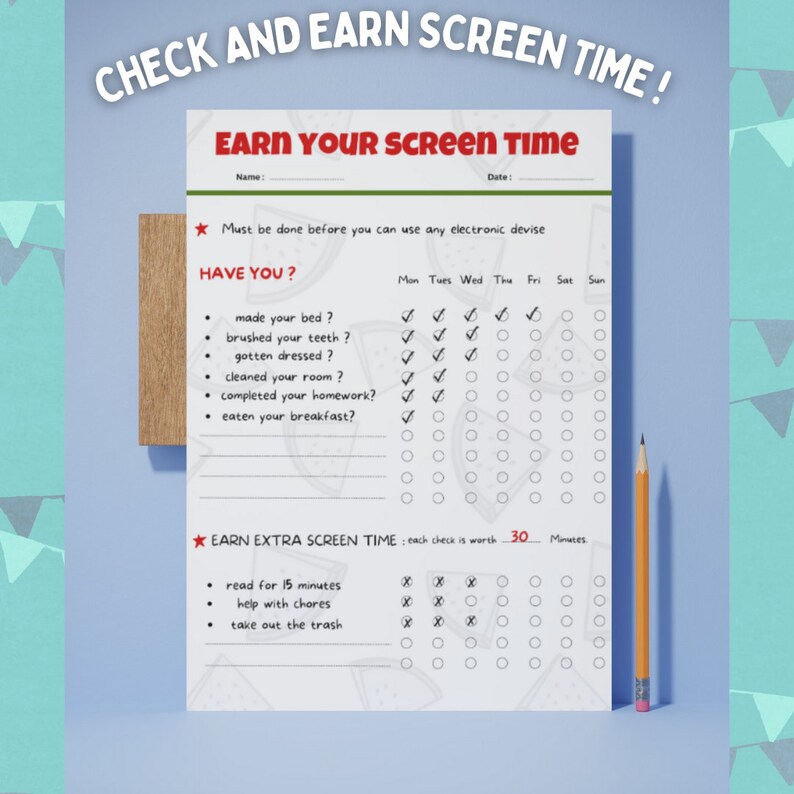 Checklist for Screen Time Chart for Kids Printable Screen Time Tracker ...