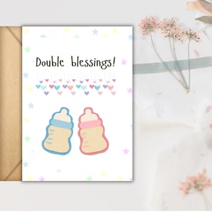 Tarjeta imprimible para baby shower de gemelos, niña o niño, bienvenida a gemelos, recién nacido, embarazo, embarazo. Tarjetas imprimibles.