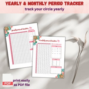 Könnte beinhalten: Zwei druckbare PDF-Seiten mit Blumendesigns. Die erste Seite ist ein jährlicher Perioden-Tracker mit einem Raster zum Verfolgen von Daten und Symptomen. Die zweite Seite ist ein monatlicher Perioden-Tracker mit einem Raster zum Verfolgen von Daten, Symptomen und Fluss. Beide Seiten haben einen Schlüssel und Platz für Notizen.