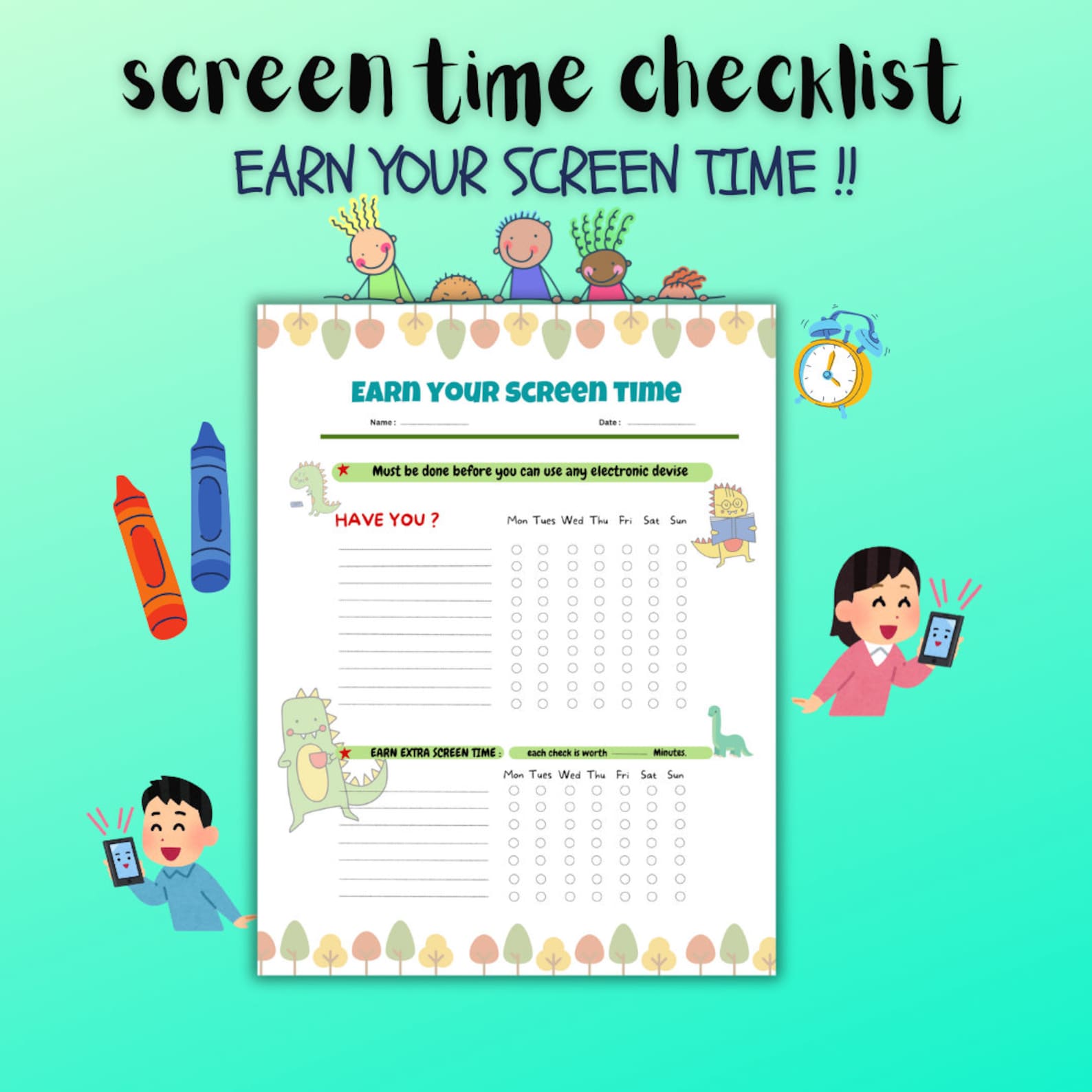 Checklist for Screen Time Chart for Kids Printable Screen Time Tracker ...