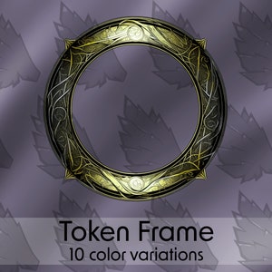 May include: A gold and black circular frame with intricate floral designs. The frame is empty and ready to be used for a token or other decorative purpose.