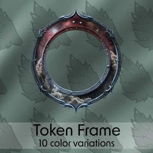 Może przedstawiać: Okrągła ramka z srebrną metalową ramką i czerwonym, niebieskim i białym tłem. Ramka ma zachmurzone niebo i gwiazdy w tle. Tekst "Token Frame" i "10 wariantów kolorystycznych" znajduje się pod ramką.