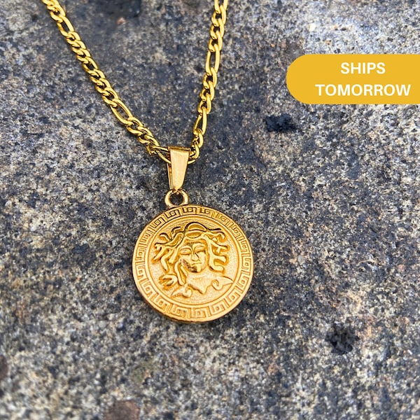 Men's Gold Medusa Necklace | Medusa Head Pendant Necklace | Gold Figaro Chain for Men | Gifts for Boyfriend | Gift for Him | Surfer Chain