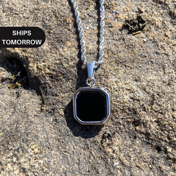 Men’s Black Onyx Pendant | Black Stone Opal Necklace | Stainless Steel Silver Rope Chain | Gift for Him | Gifts for Boyfriend | Surfer Chain