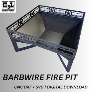 May include: A dark metal fire pit with a square shape and star and barbed wire design around the top edge. The text "BARBWIRE FIRE PIT" is displayed below the fire pit.