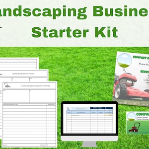 Könnte beinhalten: Ein Starter-Kit für Landschaftsgärtner mit Formularen für Kontakte, Kunden, Rechnungen und Angebote. Das Kit enthält auch eine Visitenkartenvorlage und einen Flyer mit einer Rasenmähergrafik.