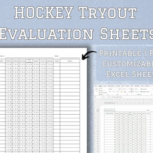 May include: Printable hockey tryout evaluation sheets in PDF and Excel format. The sheets include columns for player number, skating, passing, shooting, puck control, speed, in-game IQ, attitude, total, and notes.