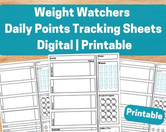 May include: Printable Weight Watchers daily points tracking sheets. The sheets include sections for breakfast, lunch, dinner, snacks, water, fruits and vegetables, coffee or tea, and daily totals. The sheets are black and white with a blue and white water glass icon, a red apple icon, and a coffee cup icon.