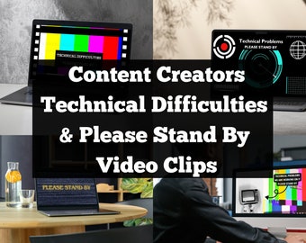 May include: A collage of four images showing different laptop screens displaying "Technical Difficulties" and "Please Stand By" messages. The screens are a mix of black and white, color, and a red circle with a white dot in the center. The text "Content Creators Technical Difficulties & Please Stand By Video Clips" is superimposed on the images.