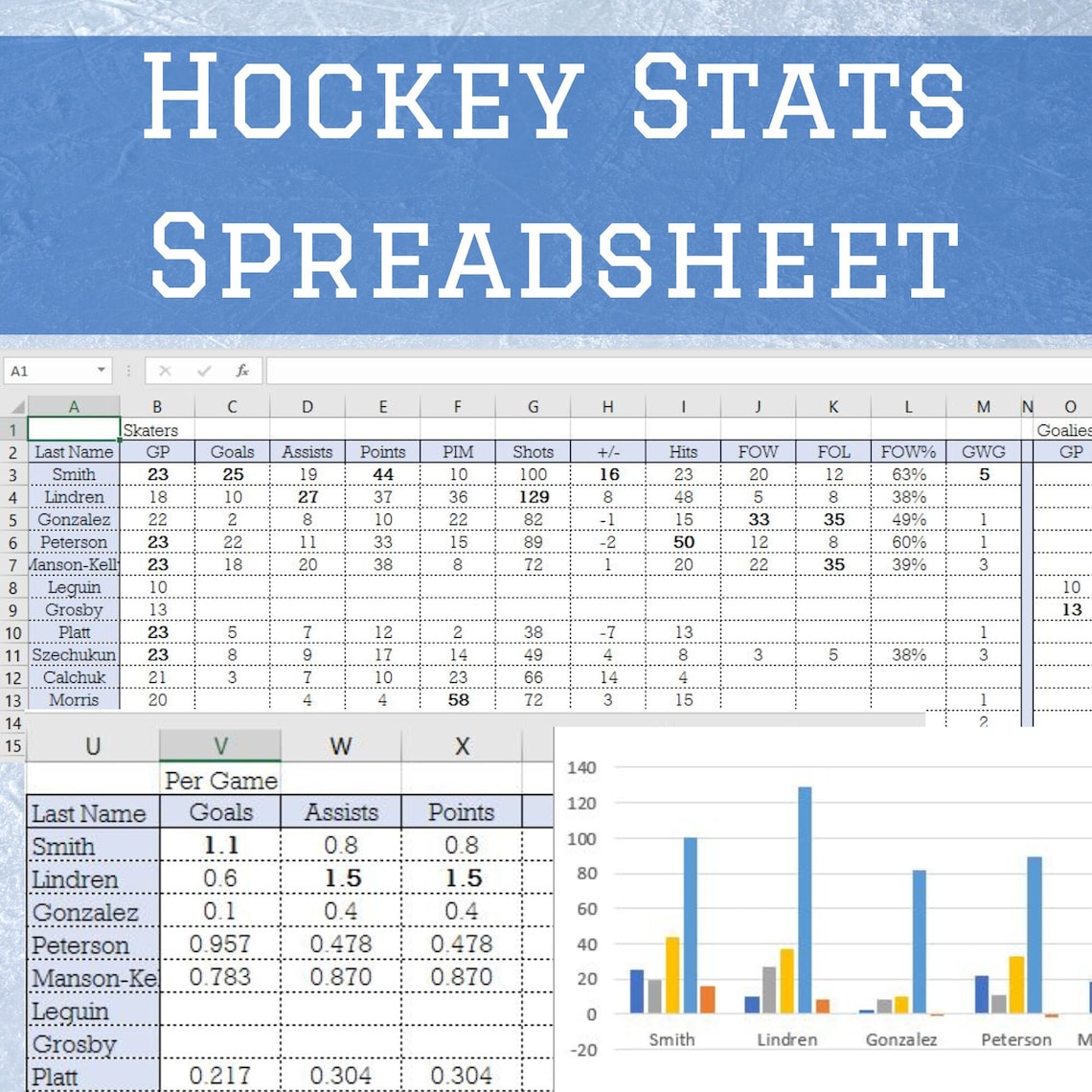 Hockey Stats Spreadsheet Track Each Players Stats Team Stats Excel