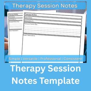 Pode incluir: Fundo azul com o texto "Therapy Session Notes Template" em branco. A imagem apresenta um close-up de um modelo de notas de sessão de terapia com seções para o nome do paciente, data da sessão, pontos de discussão e notas.