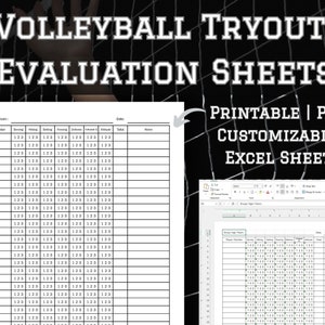 Op de afbeelding: Printbare volleybaltryout-evaluatieformulieren in PDF- en Excel-formaat. De formulieren bevatten kolommen voor spelersnummer, serveren, slaan, setten, passen, verdedigen, inzet, houding en totaalscore. De formulieren zijn aanpasbaar en kunnen worden gebruikt voor elke leeftijdsgroep of elk team.