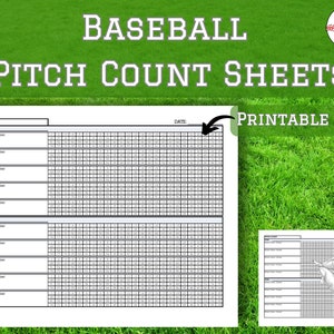 May include: Printable baseball pitch count sheets with a black and white grid design. The sheets are labelled "Pitch Count" and have space for the team name, pitcher's name, and number. The text "Printable | PDF" is also included.