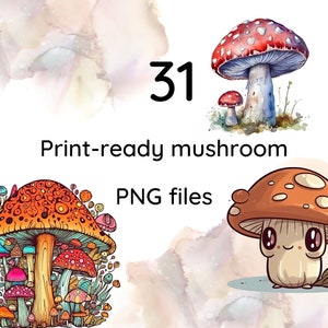 Lot de cliparts de champignons | PNG | Clipart de champignon vénéneux Design graphique | Téléchargement instantané d'autocollants numériques imprimables