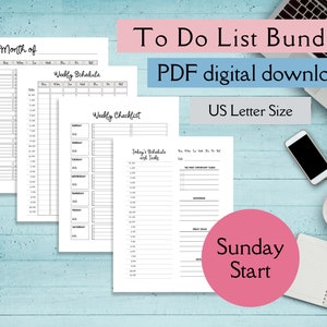 To Do List Planner Bundle Sunday Start US Letter Size PDF Instant Download
