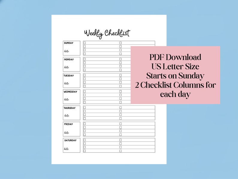 Reading Weekly Task Checklist Printable Weekly Overview Checklist PDF Instant Download - Etsy