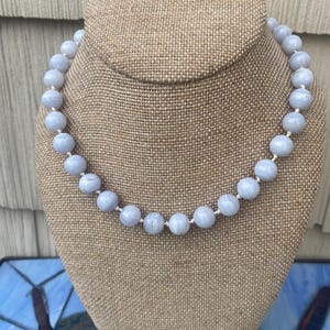 Angelite Gemstone Hand Knotted Necklace with Sterling Silver Clasp