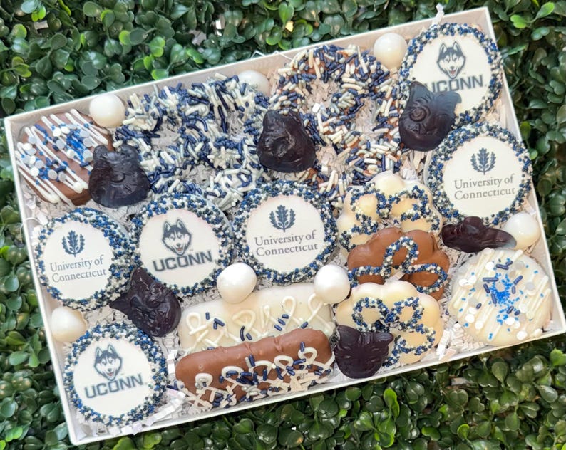 May include: A white box filled with assorted treats, including cookies, pretzels, and chocolate-covered items. The treats are decorated with blue and white sprinkles and feature the University of Connecticut logo and the word "UCONN".