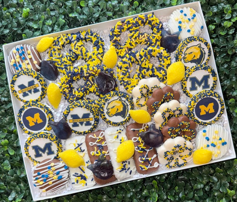 May include: A white box filled with an assortment of decorated treats. The treats include pretzels, cookies, and chocolate-covered items, all adorned with yellow and navy blue sprinkles and designs. Some treats feature the letter "M" or the word "Michigan".
