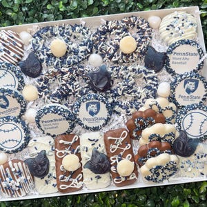 May include: A white box filled with assorted chocolate-covered treats. The treats include pretzels, cookies, and bars decorated with white, blue, and brown icing, sprinkles, and Penn State logos. Some treats are shaped like baseballs.