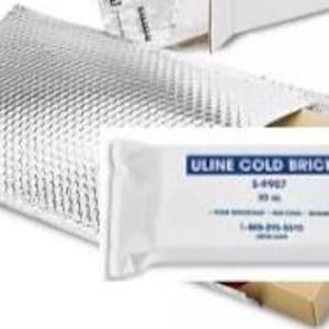 May include: An image shows a white Uline Cold Brick pack with blue text, next to a silver insulated bubble wrap mailer and a cardboard box. The text on the brick reads "ULINE COLD BRICKS" and "50 ml".