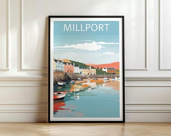 May include: A colorful illustration of a seaside town called Millport, Scotland. The image features a harbor with boats and colorful buildings along the waterfront.