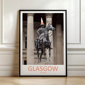 Glasgow Duke of Wellington Travel Poster, Traffic Cone Wall Art, Vintage Print, Scotland Scottish, Retro Art, Gift for Travel Lover