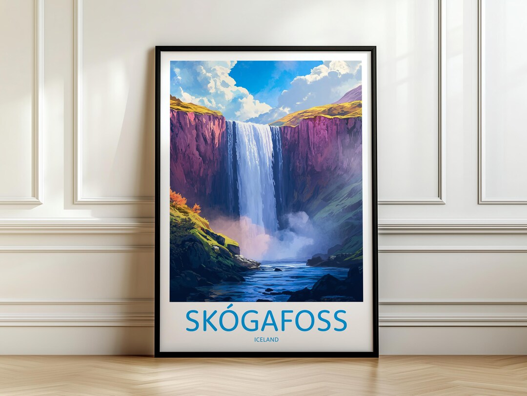 Skógafoss Waterfall Print: Vintage Iceland Travel Poster - Etsy