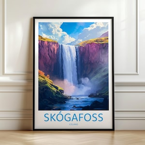 Poster di viaggio con cascata Skógafoss - Arte murale islandese, stampa di Skógafoss, stampa naturalistica vintage, decorazione paesaggistica nordica, arte murale con cascata
