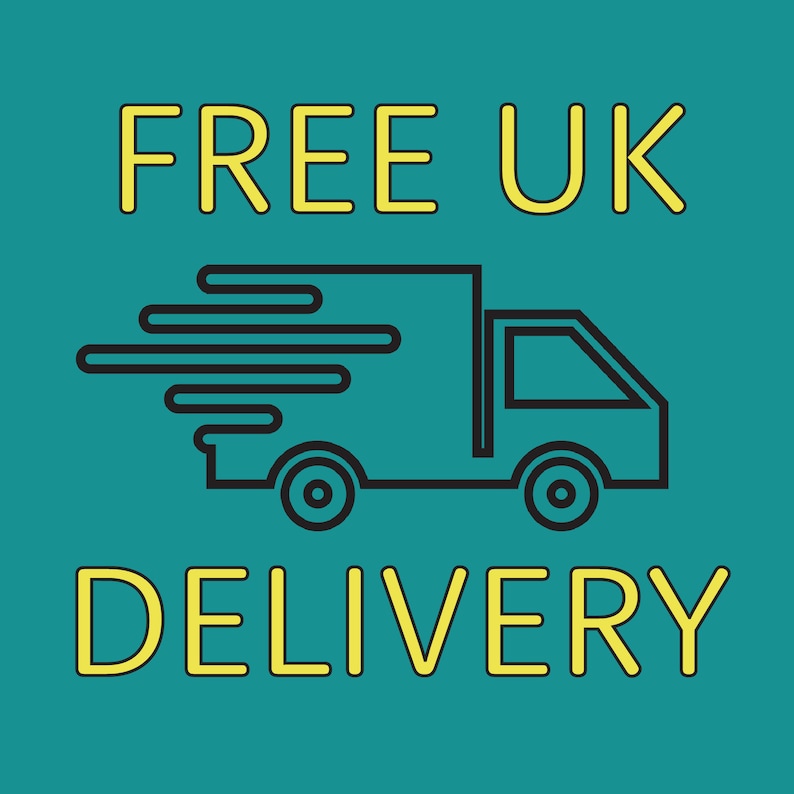 May include: A black and white illustration of a delivery truck with the text "FREE UK DELIVERY" in yellow.