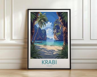 Krabi Thailand Travel Poster Print – Retro Tropical Beach Wall Art – Vintage Krabi Style Island Decor – Thai Holiday Gift