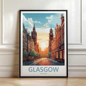 Póster de viaje de Glasgow, arte mural de paisaje urbano, impresión vintage, decoración de Escocia, arte retro, regalo para amantes de los viajes, pared de viajes, pared de recuerdos