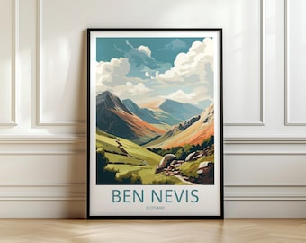 Op de afbeelding: Een ingelijste kunstafdruk van Ben Nevis, Schotland. De landschapskunst toont een vallei met groene velden, rotsachtige heuvels en bergen onder een blauwe lucht met witte wolken. De tekst "BEN NEVIS" en "SCOTLAND" staan onderaan.
