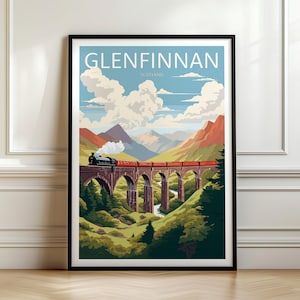 Impresión de viaje del viaducto de Glenfinnan, Loch Shiel, arte paisajístico escocés, póster de las Tierras Altas, regalo de Escocia, decoración de pared, pared de recuerdos, pared de viajes