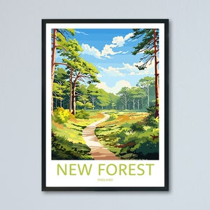 Poster di viaggio nella New Forest, Arte paesaggistica inglese, Parco nazionale della New Forest, Arredamento inglese, Illustrazione della New Forest, Parete dei ricordi di viaggio