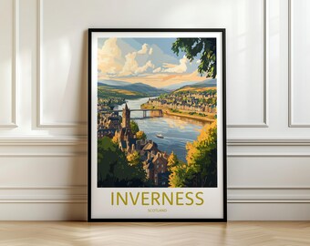 May include: A vintage travel poster featuring a scenic view of Inverness, Scotland. The poster depicts a river winding through the city, with a bridge crossing the water. The city is built on a hillside, with buildings clustered together. The poster is in a black frame and has a yellow and brown color scheme.