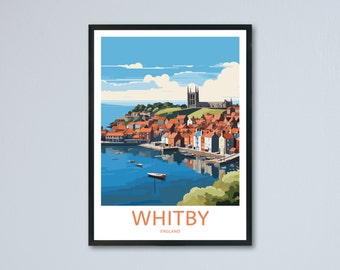 Whitby Travel Print, Whitby Wall Art, Whitby Poster,  Home Decor, Whitby Abbey Art, Yorkshire, Retro Travel Print, Memory Wall, Travel Wall