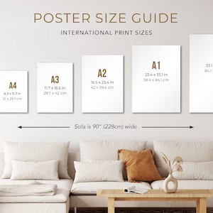May include: A poster size guide with different paper sizes labeled A5, A4, A3, A2, A1, and A0. The sizes are listed in inches and centimeters. The guide shows how the different sizes would look on a 90-inch wide sofa.