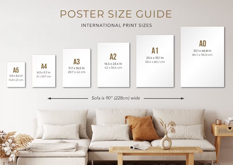 May include: A poster size guide with different paper sizes labeled A5, A4, A3, A2, A1, and A0. The sizes are listed in inches and centimeters. The guide shows how the different sizes would look on a 90-inch wide sofa.
