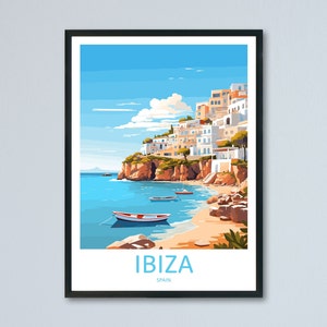 Lámina de viaje a Ibiza, Arte mural de Ibiza, Póster de viaje a Ibiza, Arte paisajístico de Ibiza, Islas Baleares, Lámina de viaje retro, Mural de recuerdos, Mural de viajes