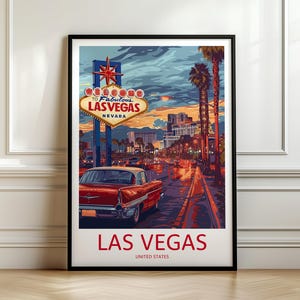 Impresión de viaje a Las Vegas, póster de viaje a Nevada, arte mural, monumento estadounidense, ilustración de viaje, decoración de pared, amante de los viajes, regalo de aniversario