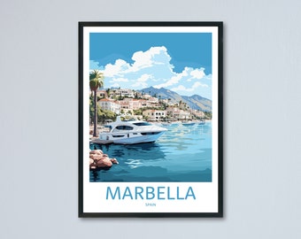 Impression de voyage à Marbella, art mural sur la Costa del Sol, affiche de voyage en Espagne, décoration de maison de vacances en Espagne, impression de voyage rétro, mur souvenir, mur de voyage