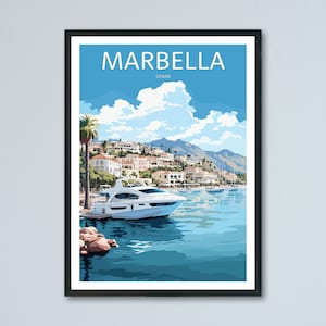 Stampa di viaggio Marbella, arte murale Costa del Sol, poster di viaggio spagnolo, arredamento per la casa per le vacanze in Spagna, stampa di viaggio retrò, muro della memoria, muro di viaggio