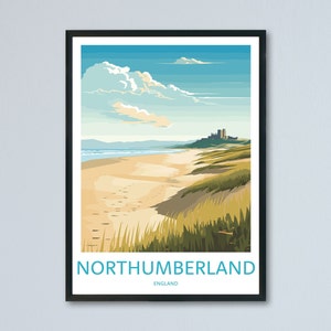 Northumberland Coast Travel Poster, English Landscape Art, Wall Art, Northumberland Home Decor, Coastal Illustration, Memory Travel Wall